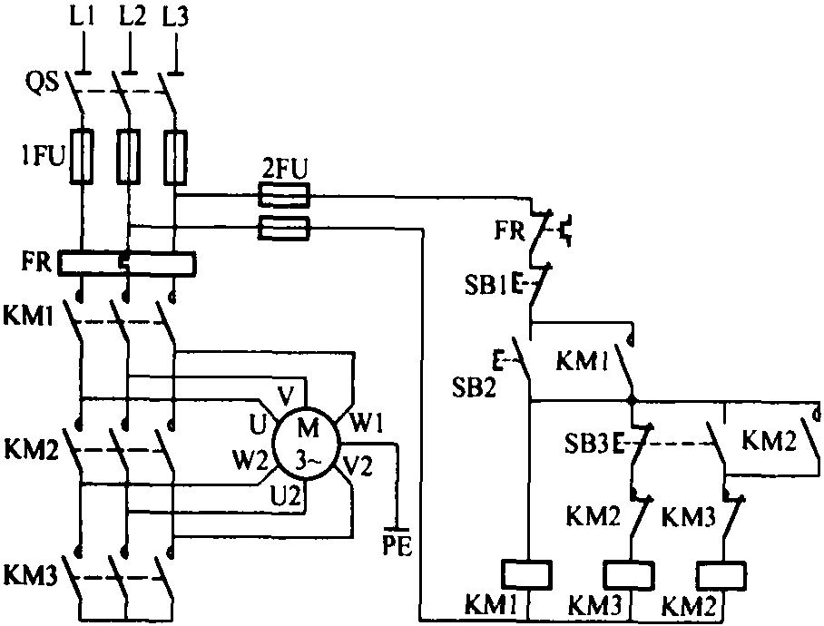 二十一、用接触器控制三相异步电动机星一角启动的接线 (手动转换)